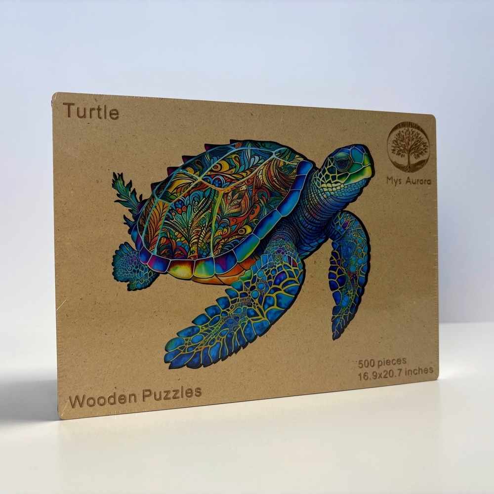 NEW Mys Aurora Sea Turtle Wooden Puzzle 500 Piece Animal Shaped Wood Laser Cut